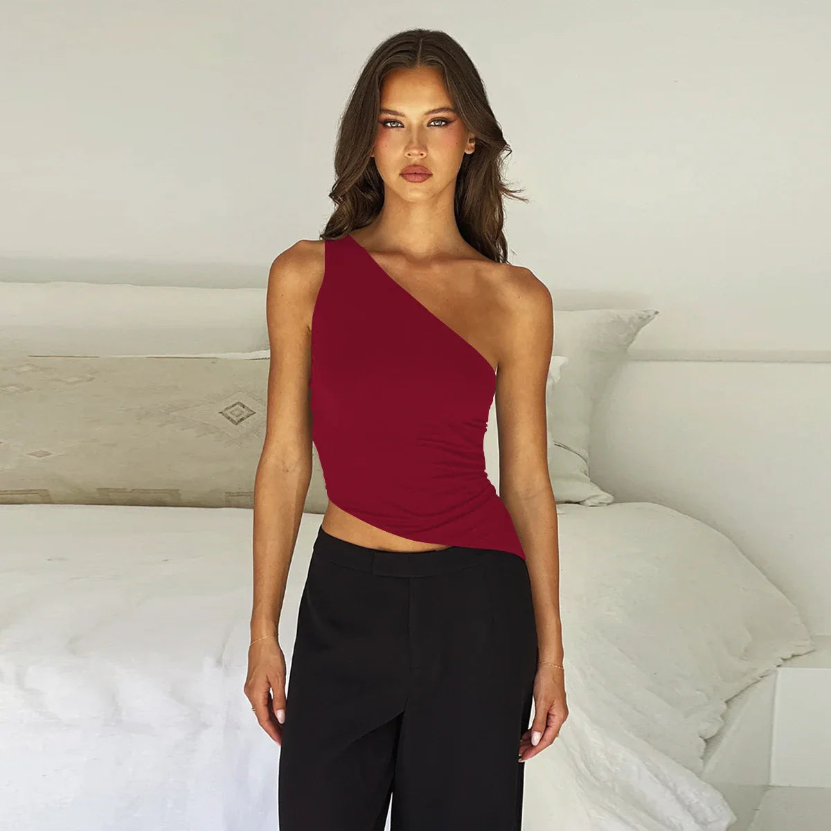 One Shoulder Lace Up Mesh Sheer Top