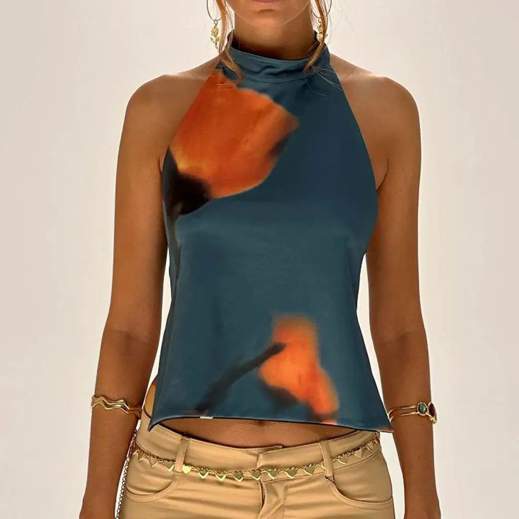 Y2K Button Closure Halter Backless TieDye Cami Top