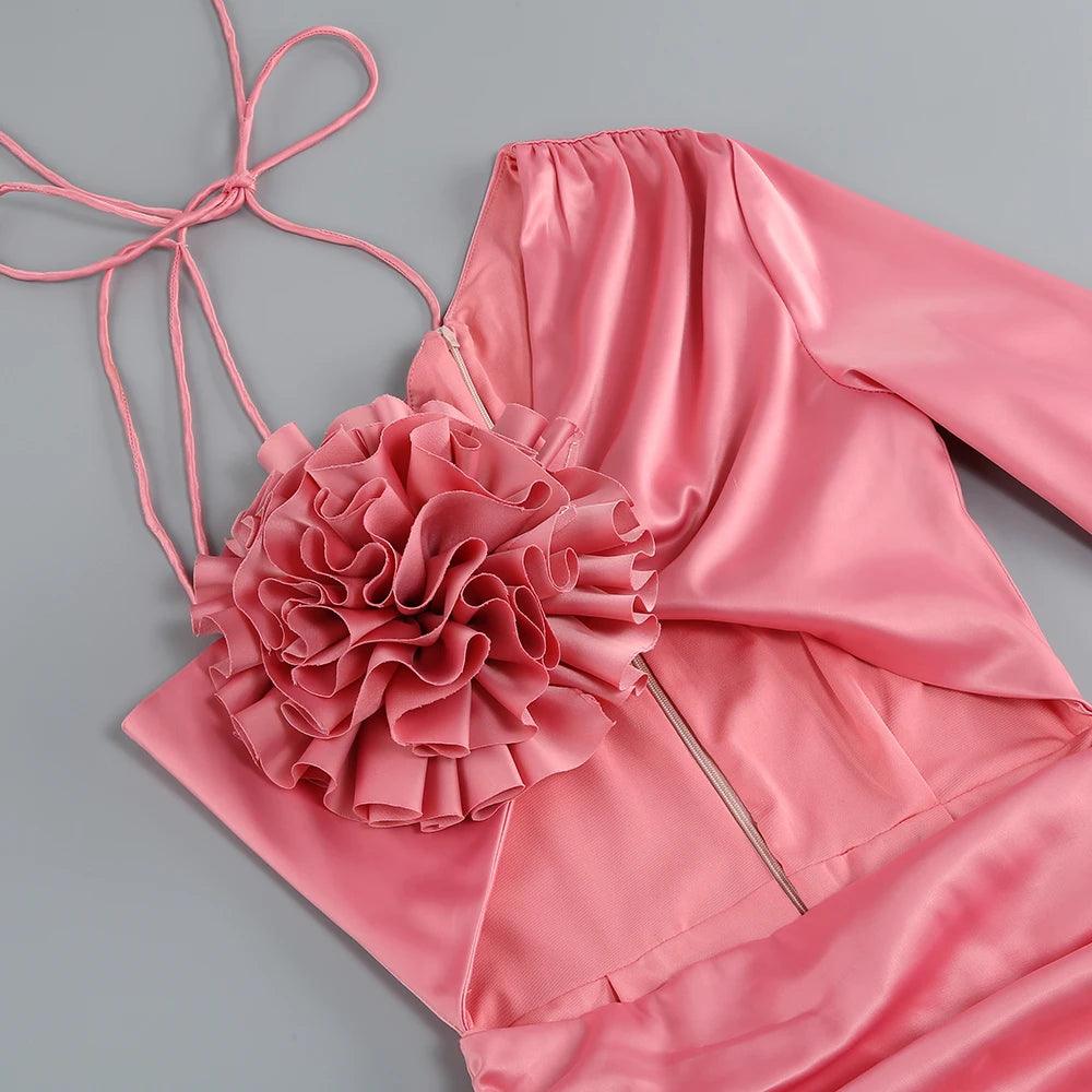 Pink One Shoulder Rosette Satin Cutout Ruched Bodycon Mini Dress