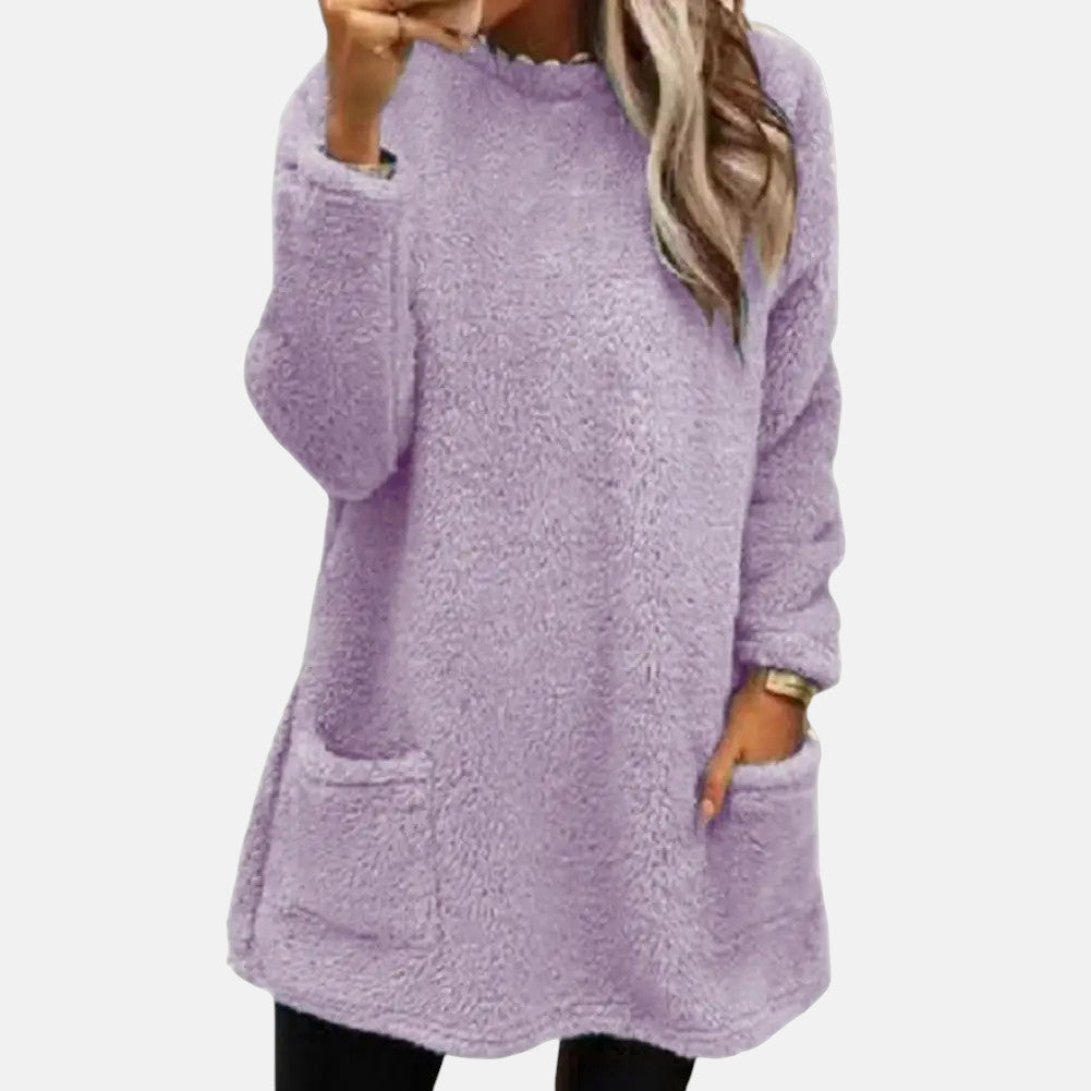 Round Neck Fuzzy Fleece Long Sleeve Pocket Tunic Sweater