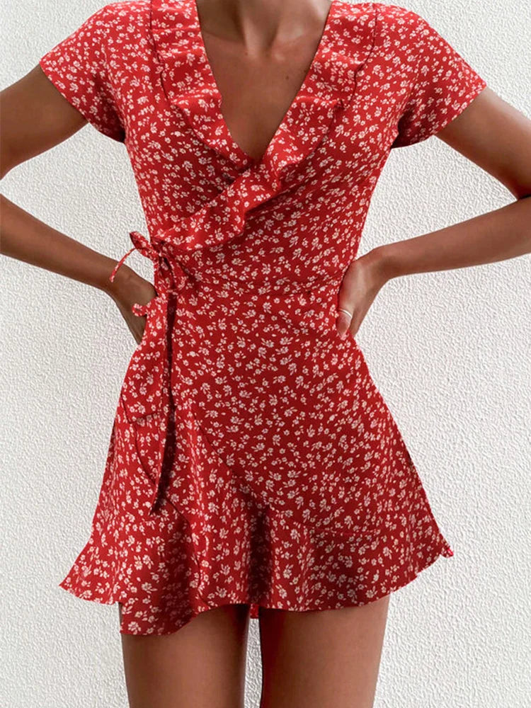 Julia Statement Floral Mini Dress with V Neck and a Line Design Boutique Collection