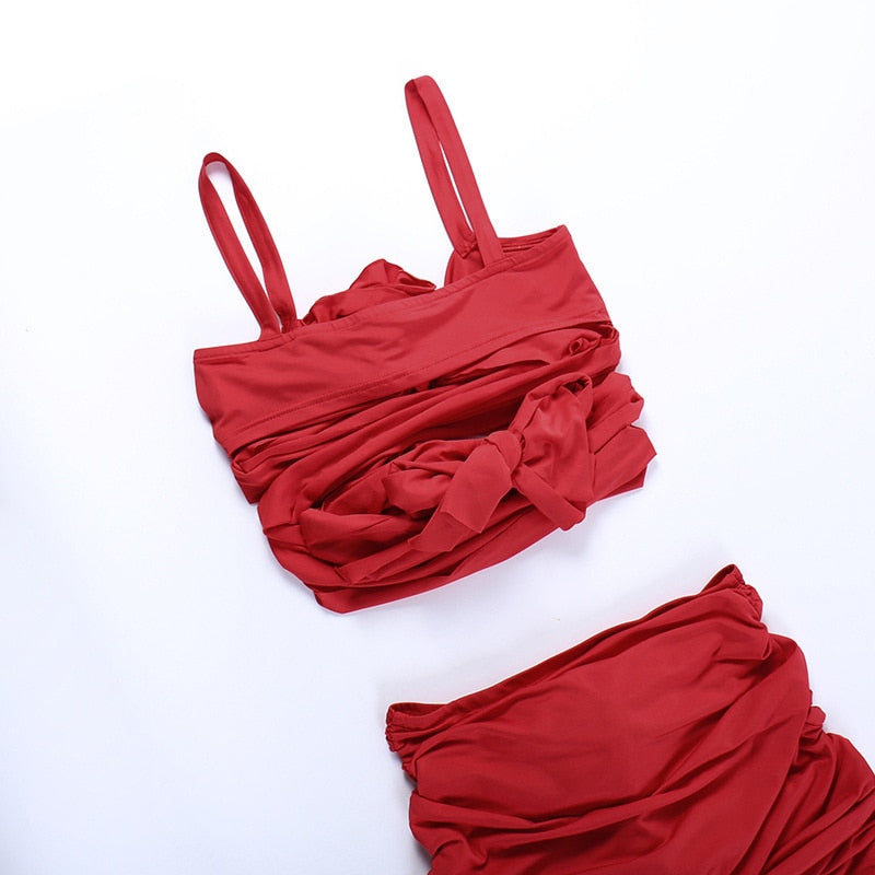 Red Spaghetti Strap Rosette Applique Ruched Cutout Bodycon Mini Dress