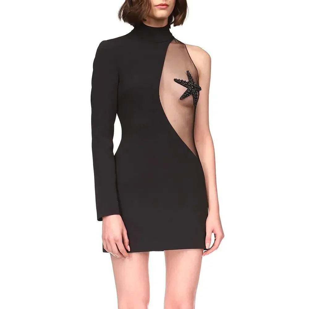 Black Mock Neck One Sleeve Starfish Patch Mesh Cutout Bodycon Mini Dress
