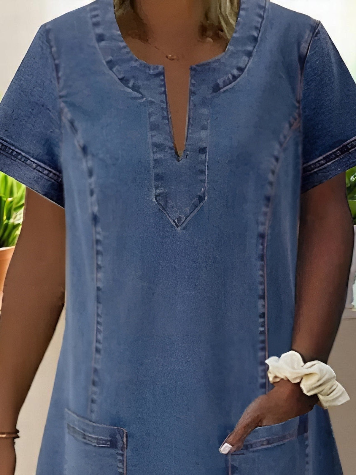 Notch Neck Denim Short Sleeve Pocket Shift Midi Dress