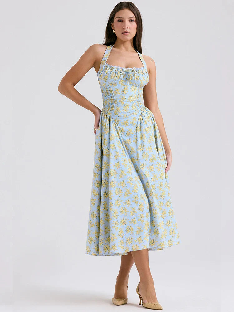 Print Wrap Aline Halter Midi Summer Dress