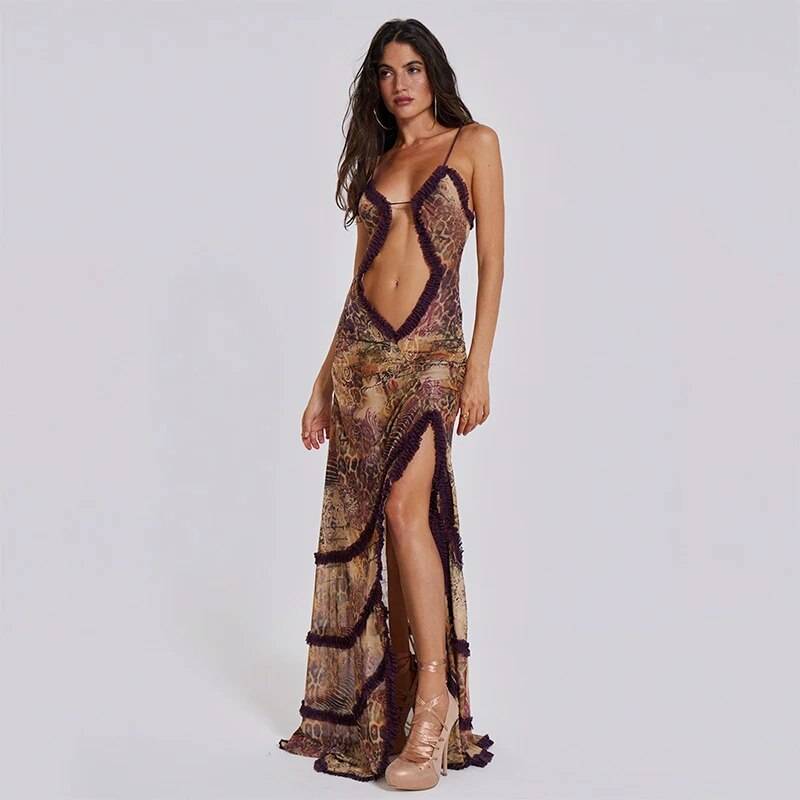 Strappy Ruffle Trim Cutout Printed Mesh Ruched Bodycon Maxi Dress
