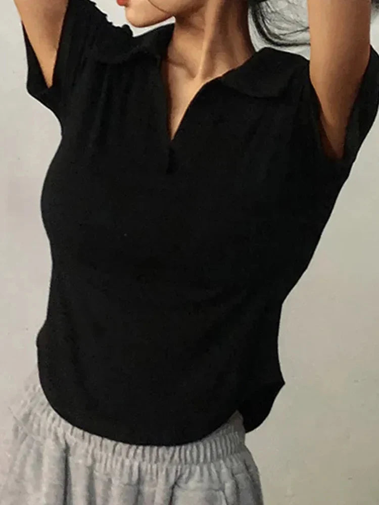 Solid VNeck Lapel Retro Crop Top