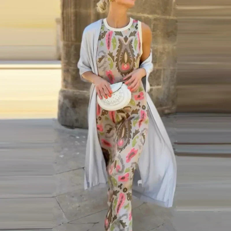 Round Neck Paisley Print Sleeveless Maxi Dress Set 2