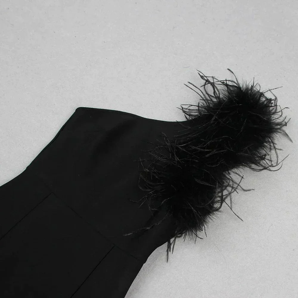 Black One Shoulder Feather Trim Mermaid Maxi Gown 9