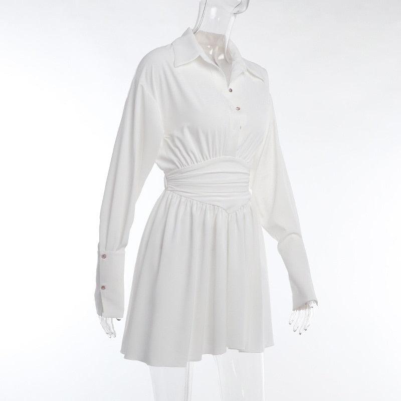 White Collared V-Neck Sheer Long Sleeve Ruched Waist Shirt Mini Dress