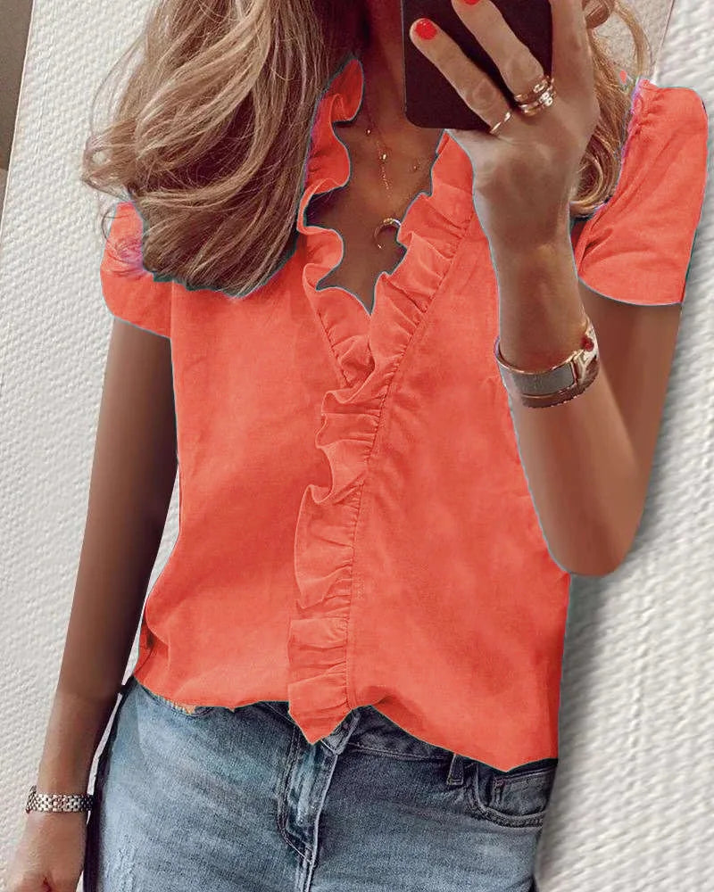 Plus Size Summer Casual Short Sleeve Vneck Blouse