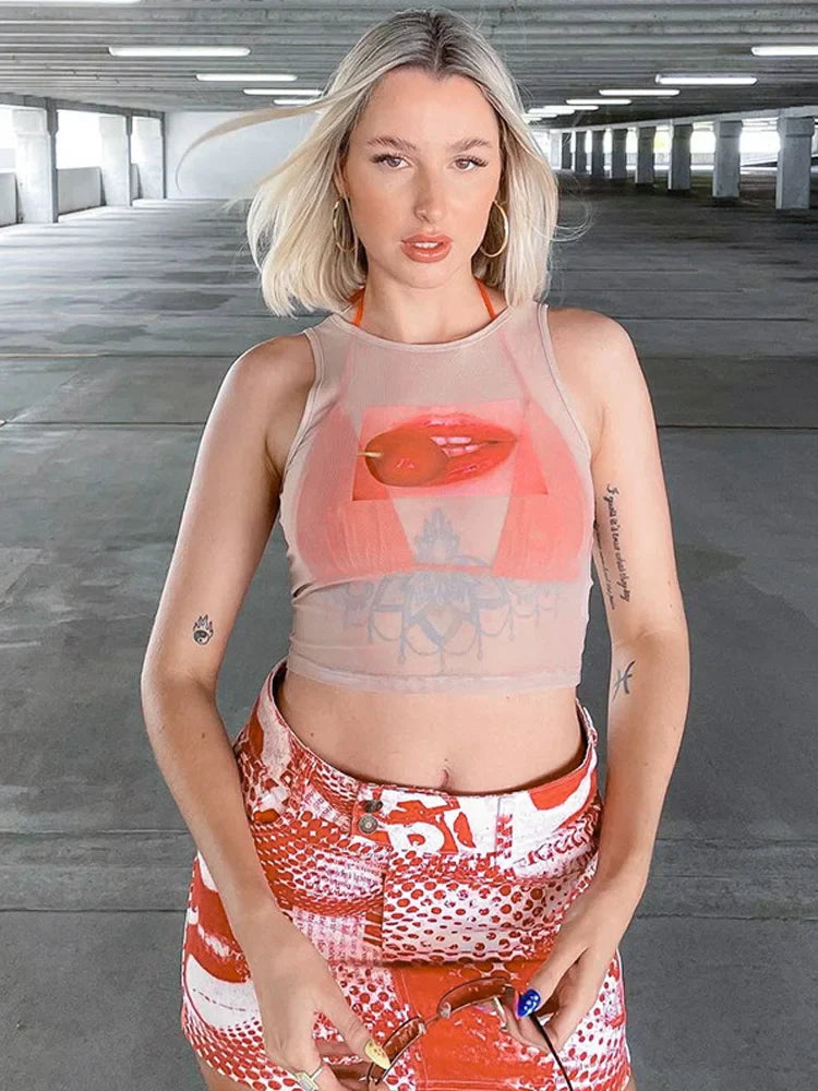 Sleeveless Cute ONeck Sheer Top