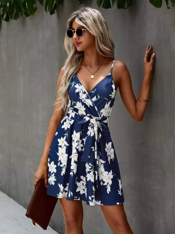 Floral Print Surplice Trendy Front Belted Cami Dress Navy Blue / S