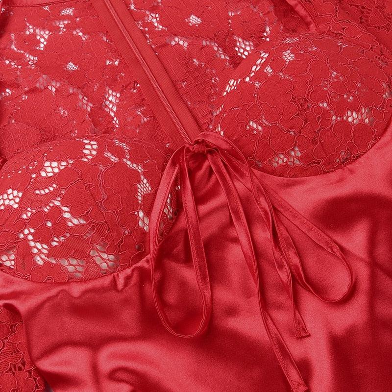 Red Sweetheart Neck Lace Long Sleeve Satin Bow Front A-Line Mini Dress