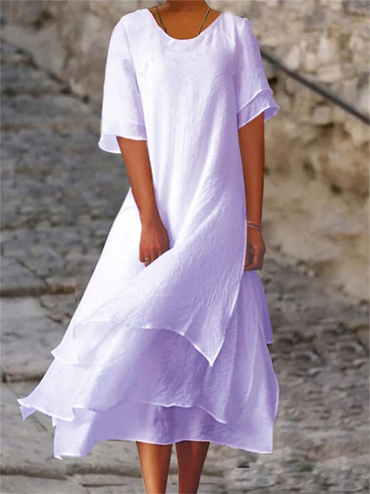 Eva Effortless Double Layered Slit Short Sleeved Dress with Round Neck Statement Occasion Edit