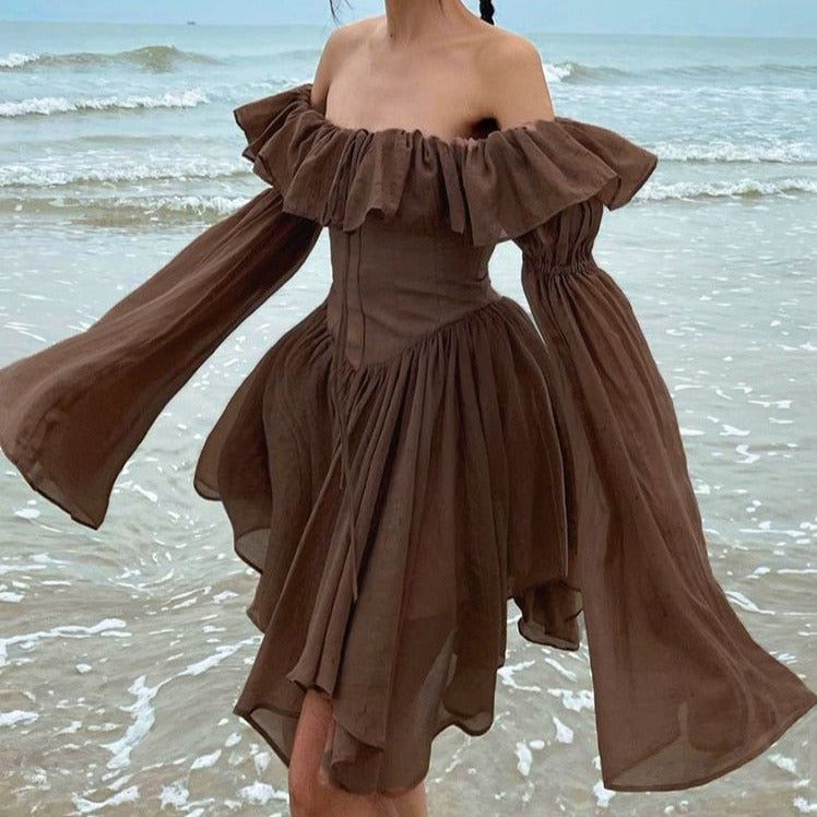Brown Off-Shoulder Ruffle Puff Sleeve Corset A-Line Mini Dress