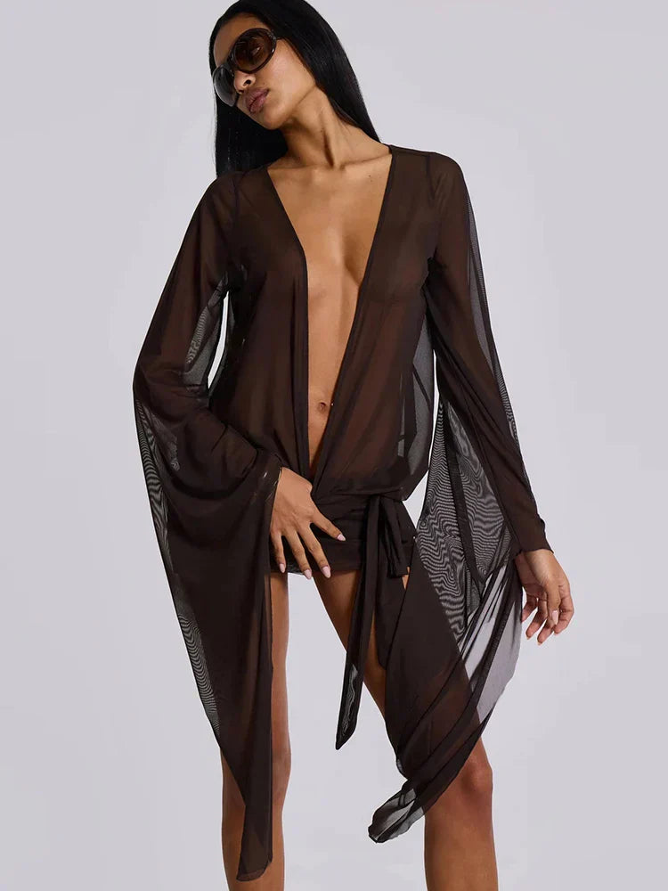 Mesh Irregular Bandage Low Neck Mini Dress