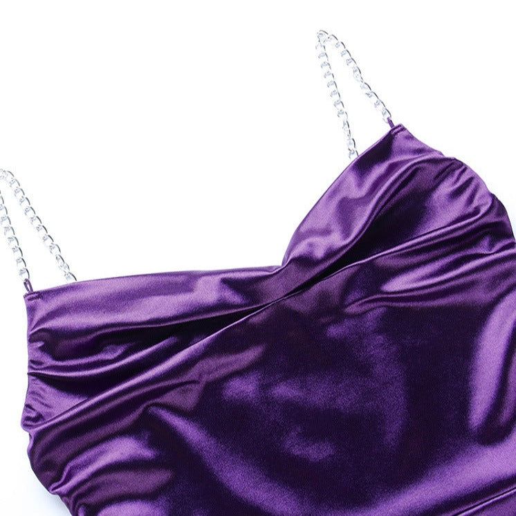 Sweetheart Chain Strap Satin Ruched Drawstring Bodycon Mini Dress