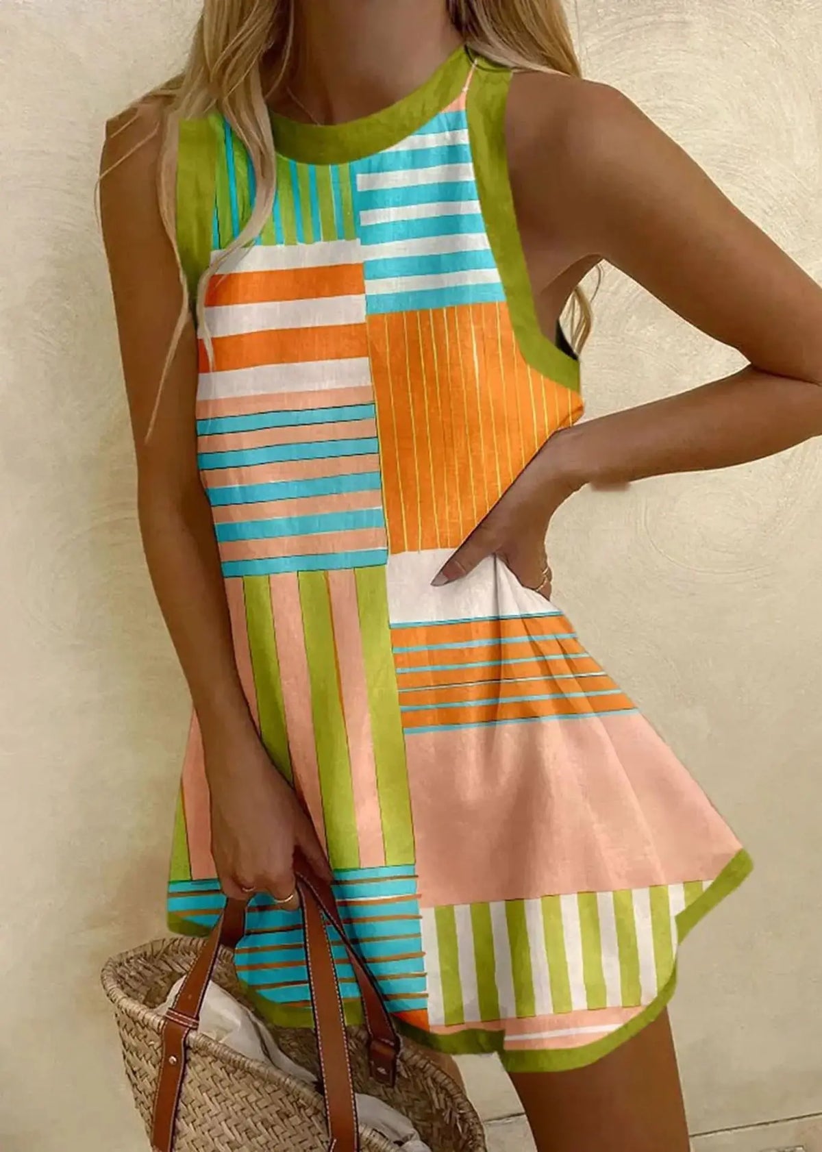 Crew Neck Colorblock Striped Print Sleeveless Shift Mini Dress