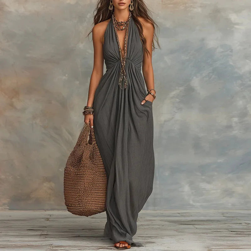 Halter Deep V-Neck Draped Flowy Loose Maxi Dress