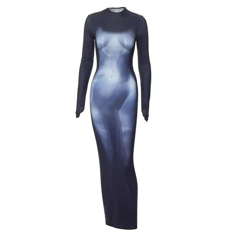 Blue Mock Neck Body Print Long Sleeve Bodycon Maxi Dress