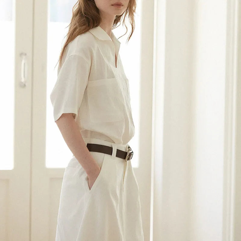 100% Linen Vneck Short Sleeve Blouse