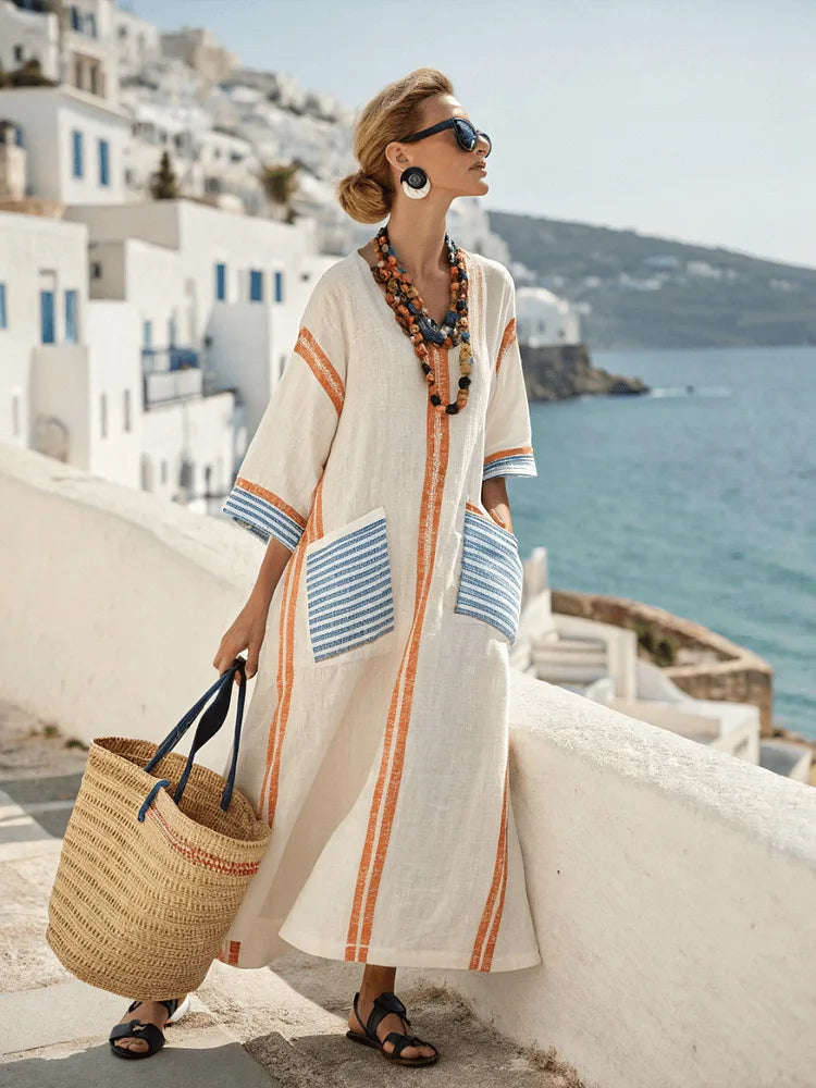 V-Neck Linen Striped Trim Three-Quarter Sleeve Kaftan Maxi Dress 4