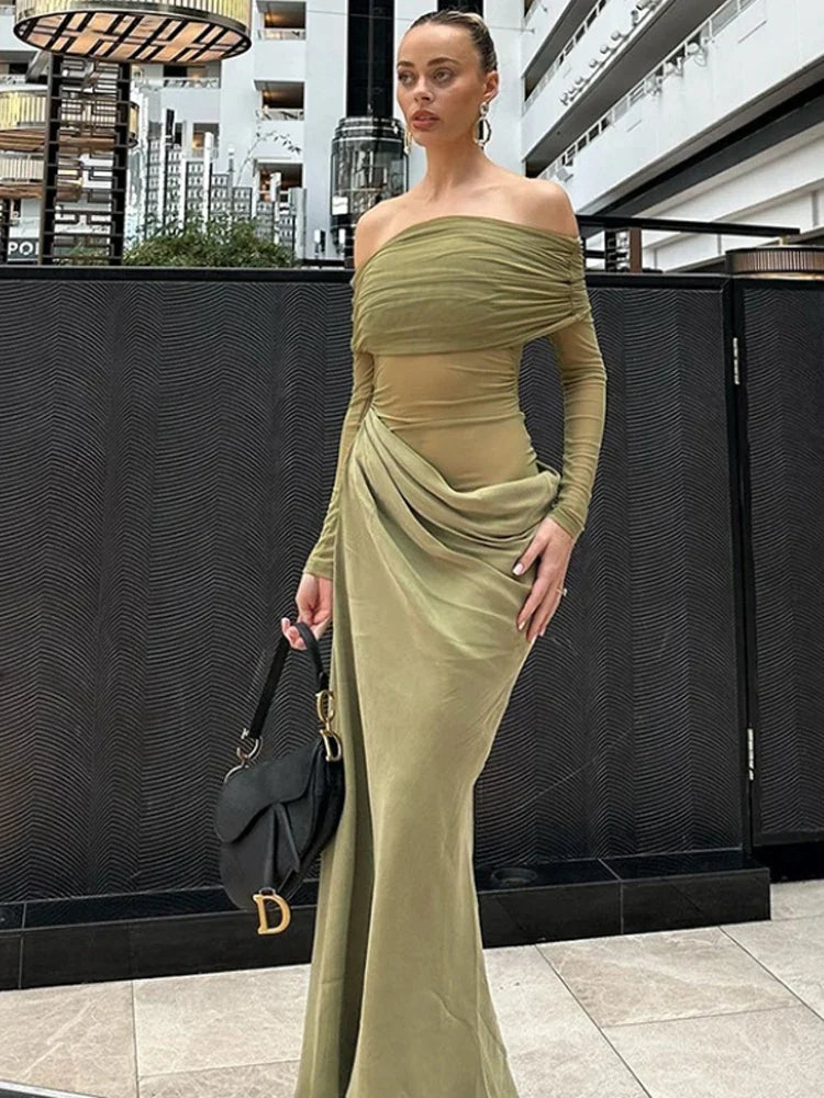 Mesh Patchwork Slash Neck Maxi Dress