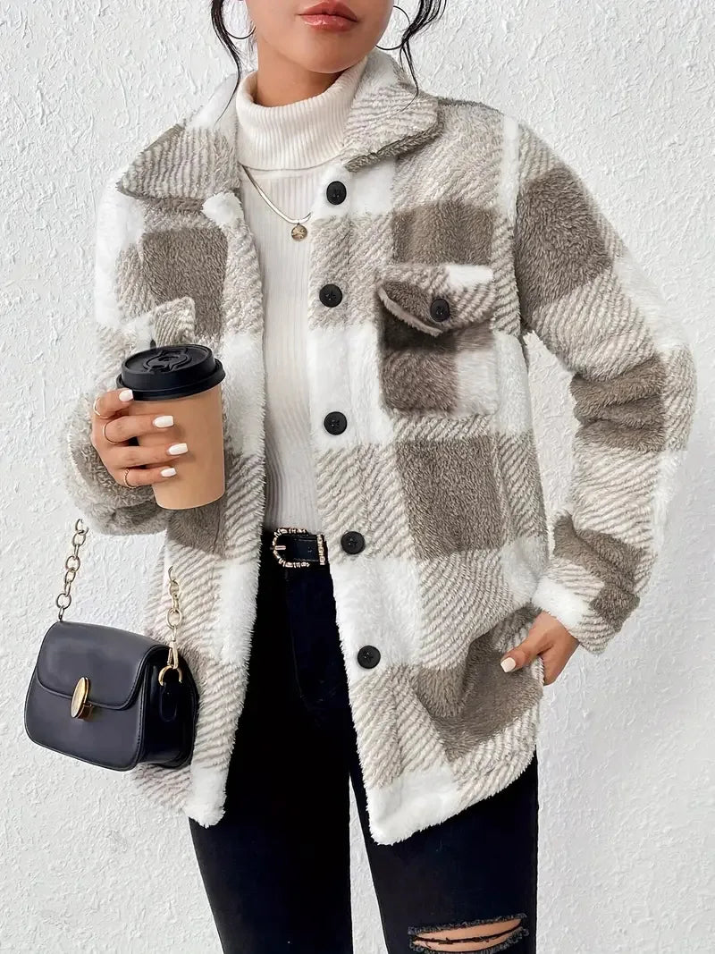 Collared Button Front Plaid Fleece Pocket Shacket Jacket