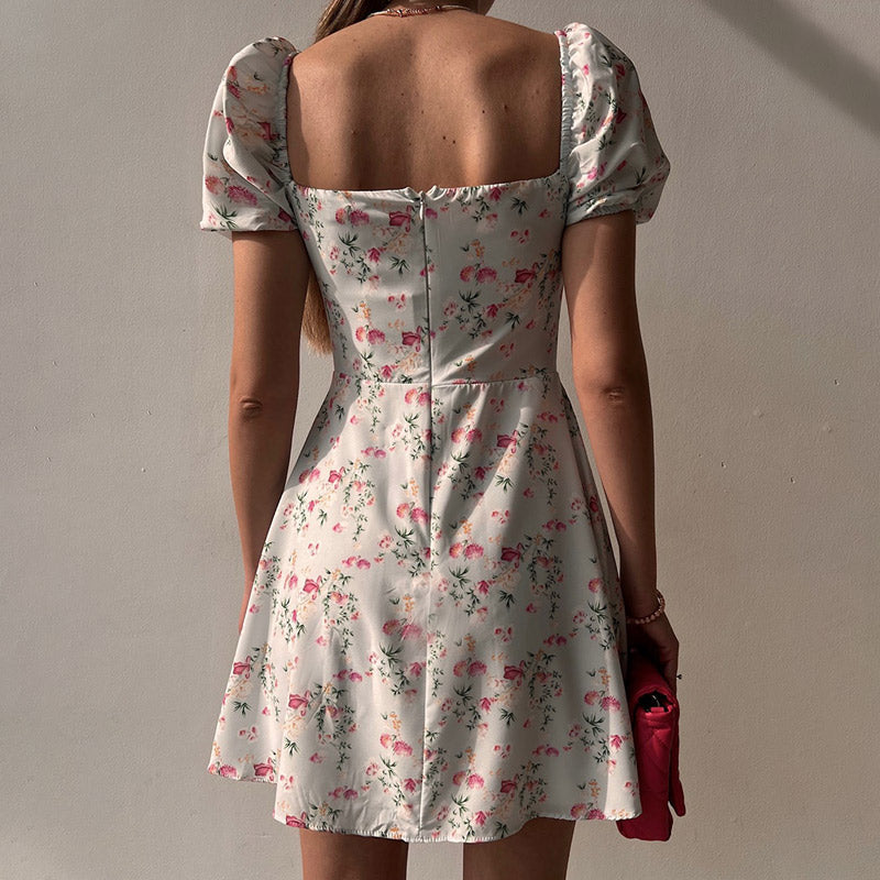 Waist Arm A-Line Puff Women’s V-Neck High Flowered Dress M / White Dresses