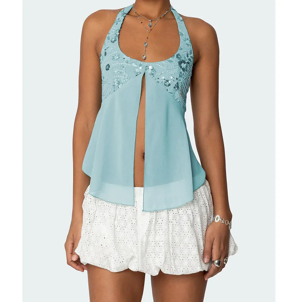 Pearl Embellished Sequins Halter Backless Cami Top