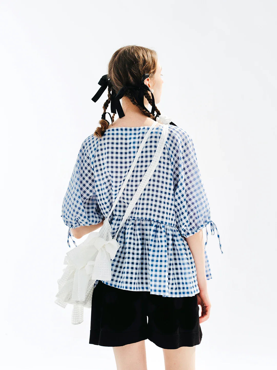 Plaid Laceup Short Sleeve Tshirt Blouse