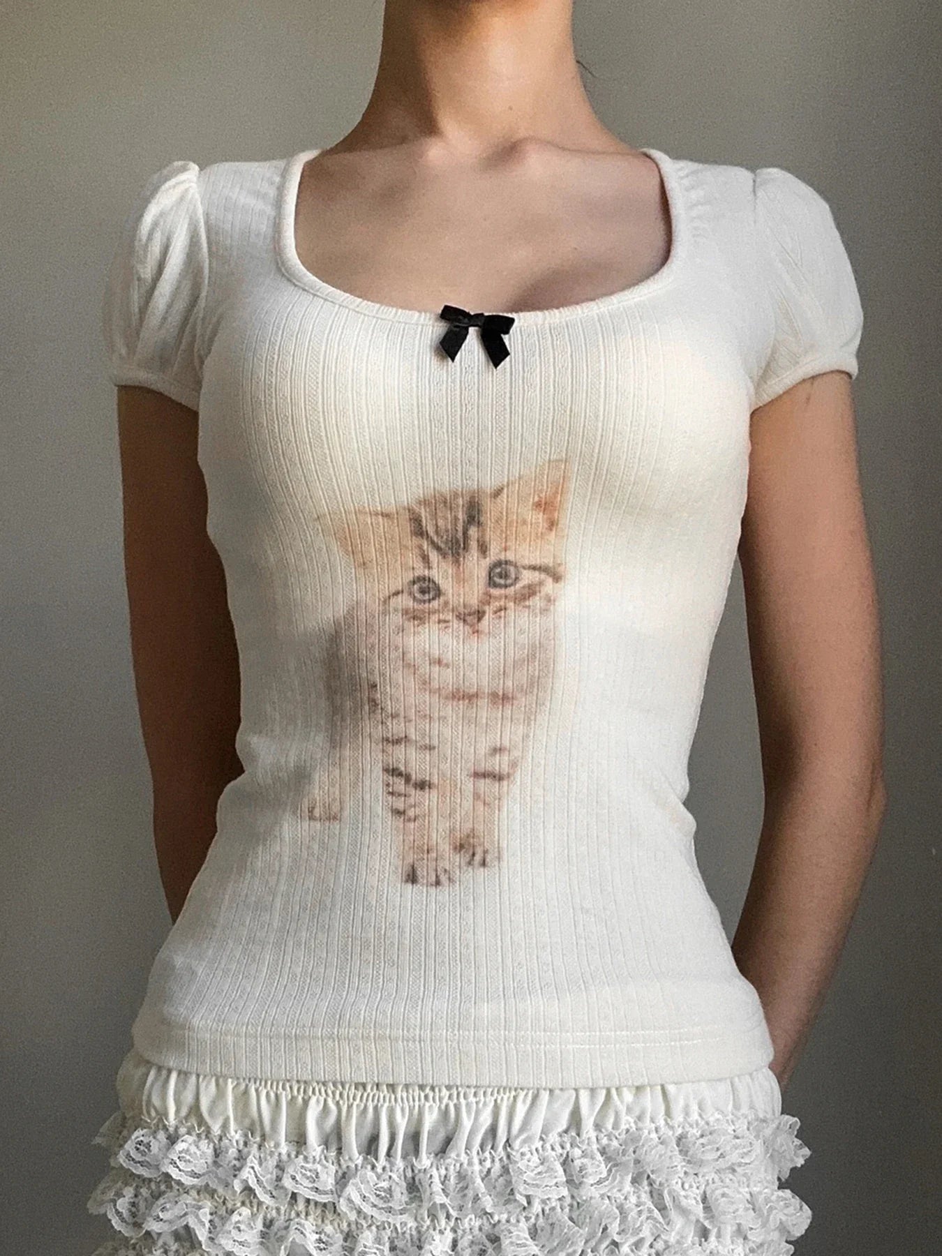 Cat Print Square Neck Slim Fit TShirt Crop Top