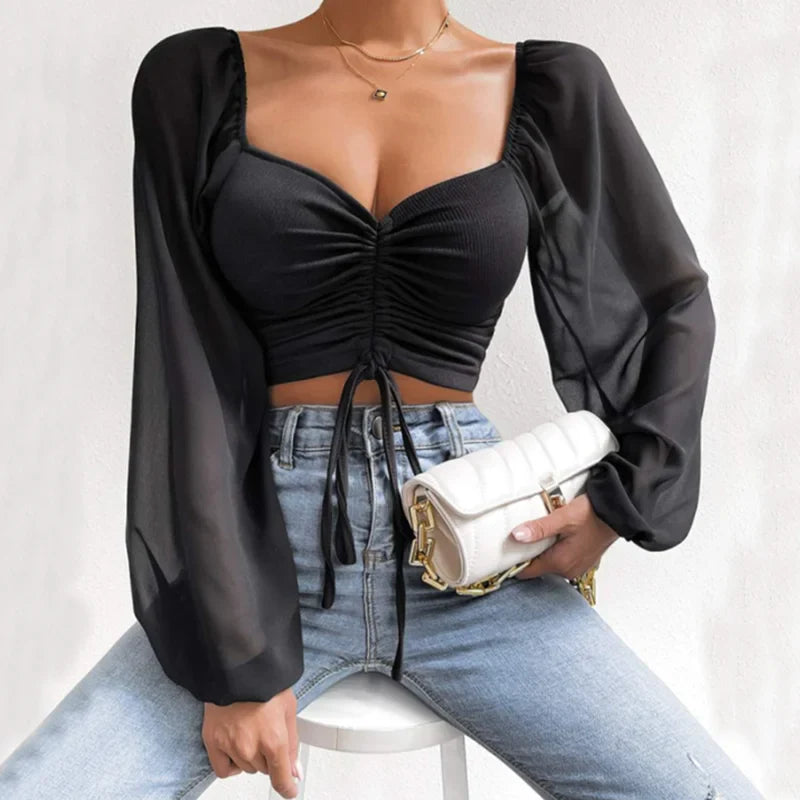 VNeck Drawstring Bandage Sheer Top
