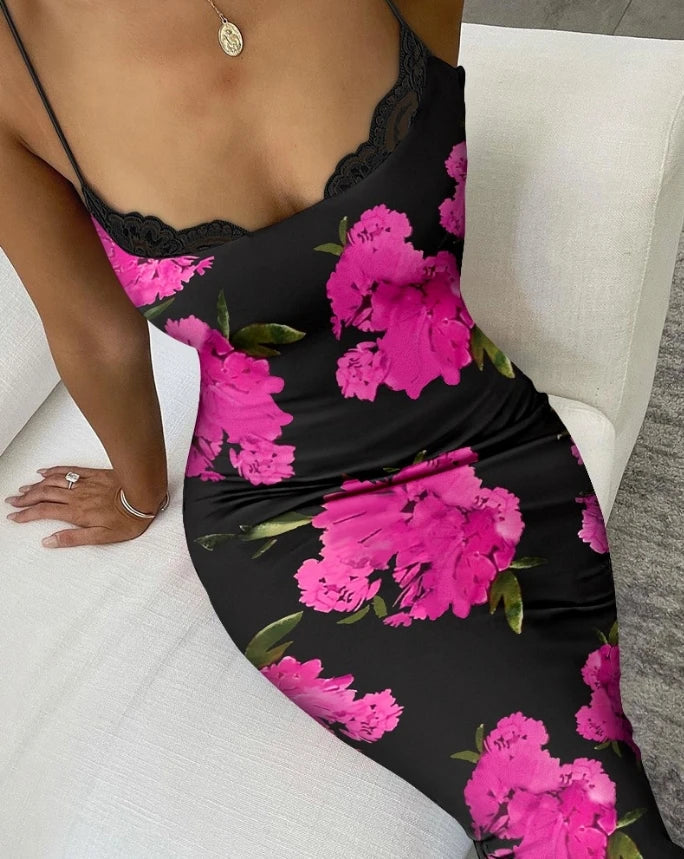 Uneck Lace Trim Bodycon Floral Dress