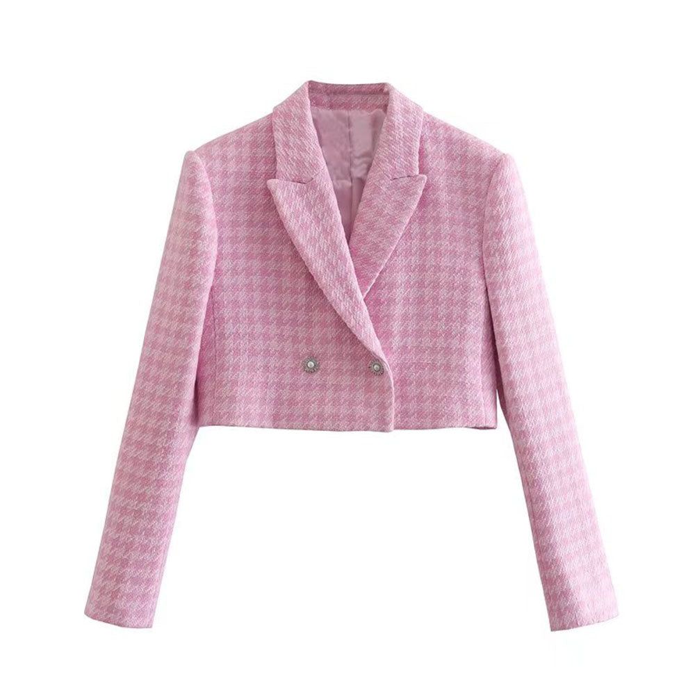 Pink Double Breasted Houndstooth Tweed Crop Blazer Mini Skirt Set