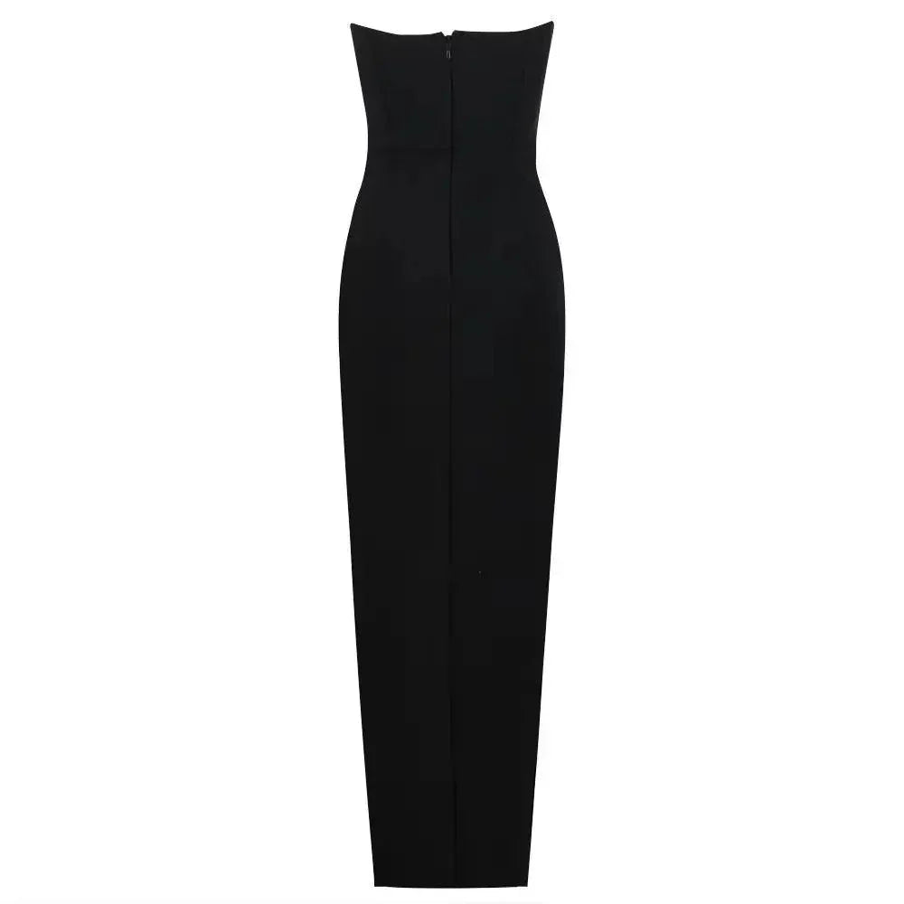 Black Strapless Crystal Rose Embroidered High Slit Corset Maxi Gown