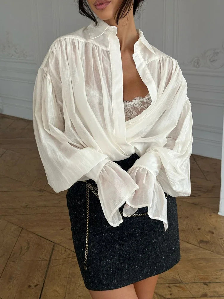 Loose SeeThrough Lapel Long Sleeve Blouse