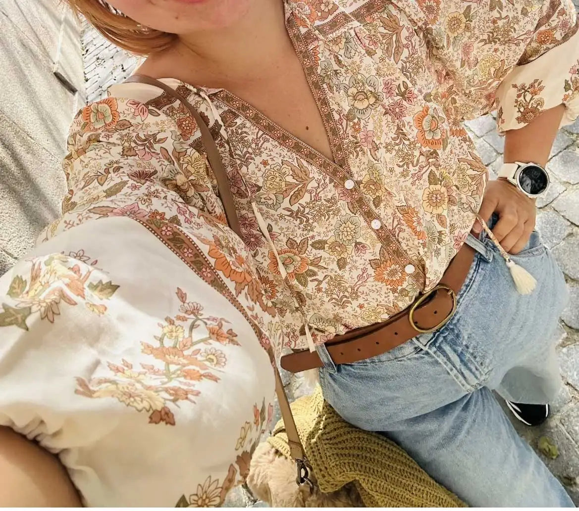 Super Chic Boho Floral Print Vneck Tassel Blouse