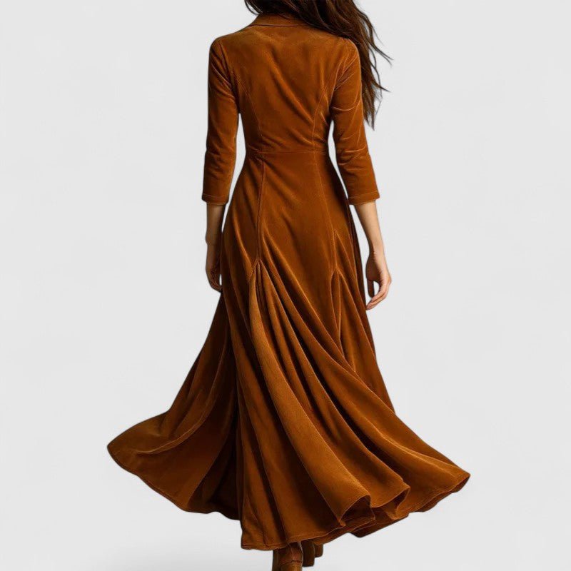 Rust Brown Lapel Collar Velvet Button Front Long Sleeve Fit-and-Flare Maxi Dress