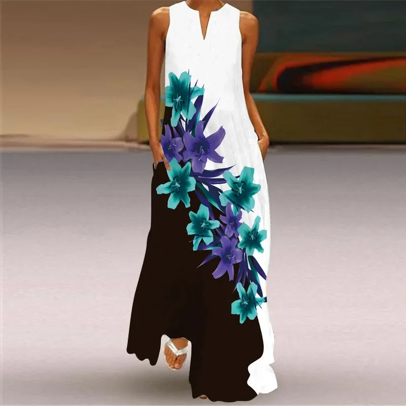 Split Neck Butterfly Print Sleeveless Pocket A-Line Maxi Dress