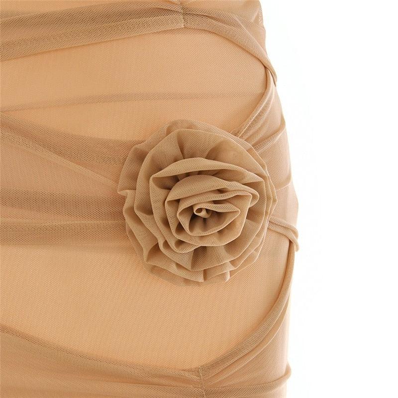 Khaki Strapless Rose Applique Ruched Cutout Bodycon Mini Dress