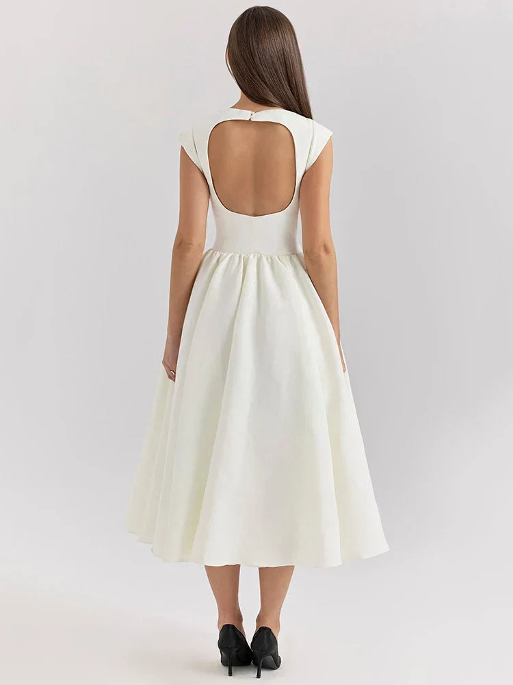 White Backless Solid Hollow Out Pleated Dress
