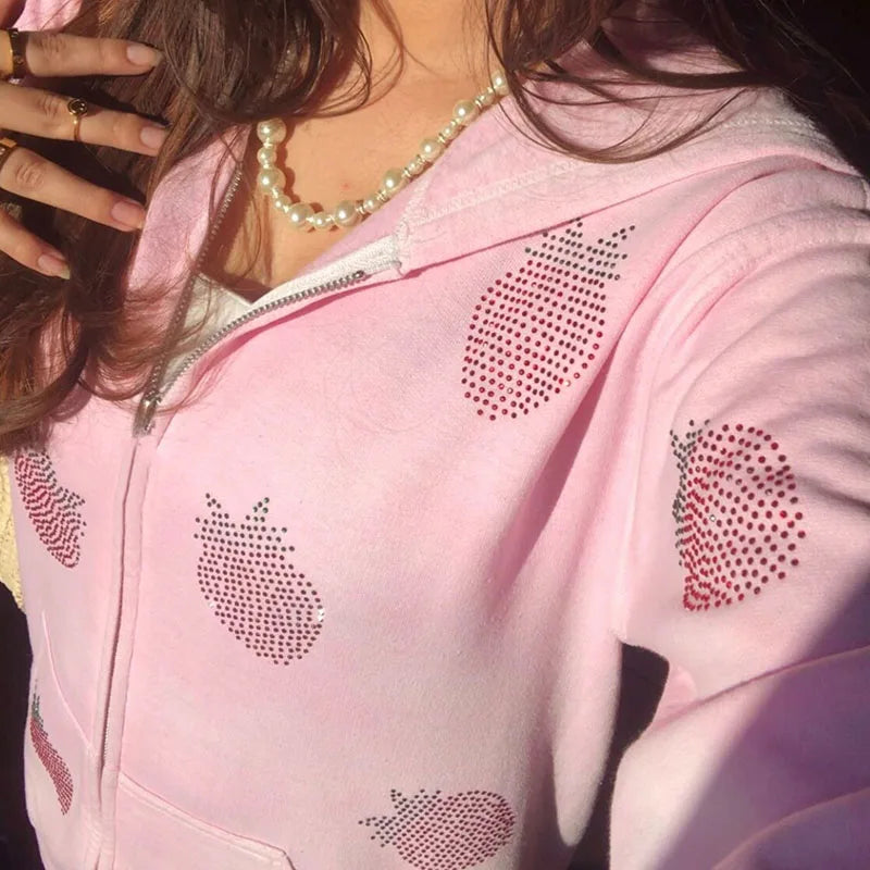 Strawberry Rhinestone Zip Hoodie
