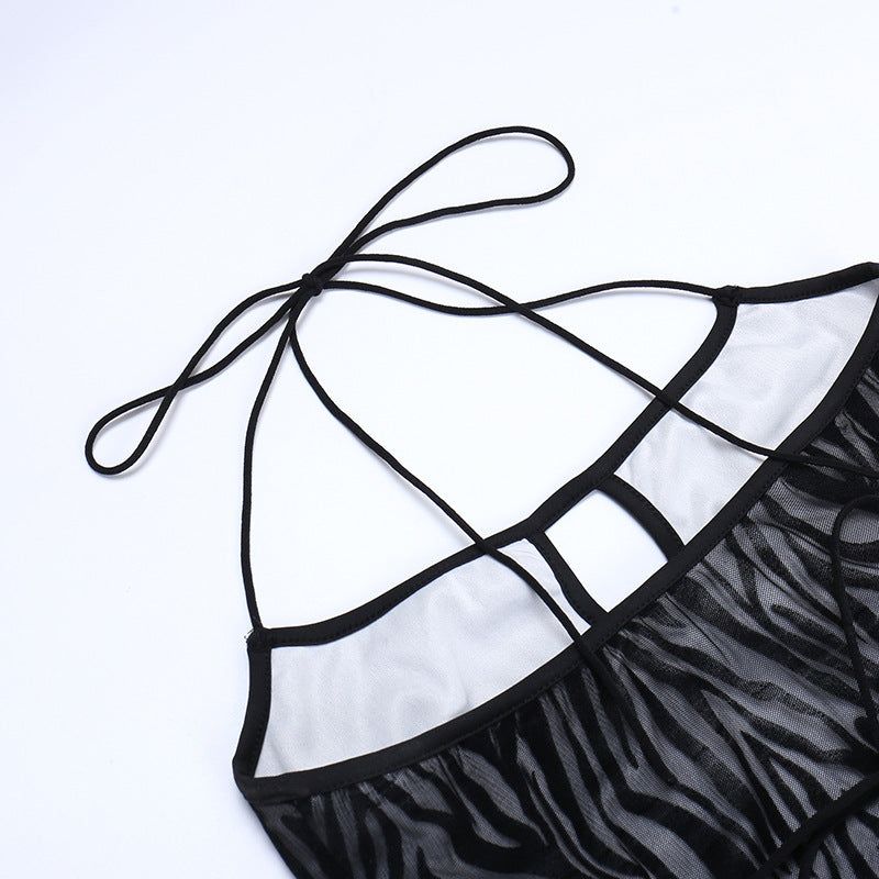 Black Spaghetti Strap Zebra Flocked Front Cutout Bodycon Mini Dress