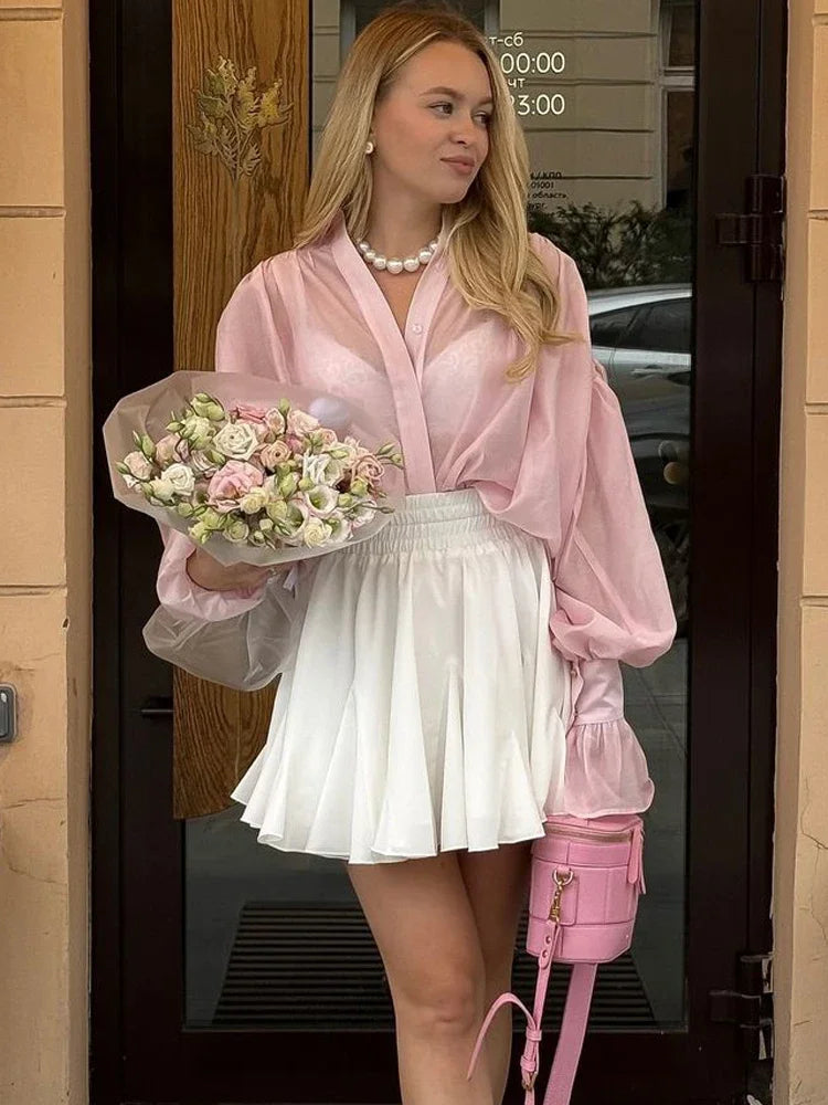 Loose SeeThrough Lapel Long Sleeve Blouse