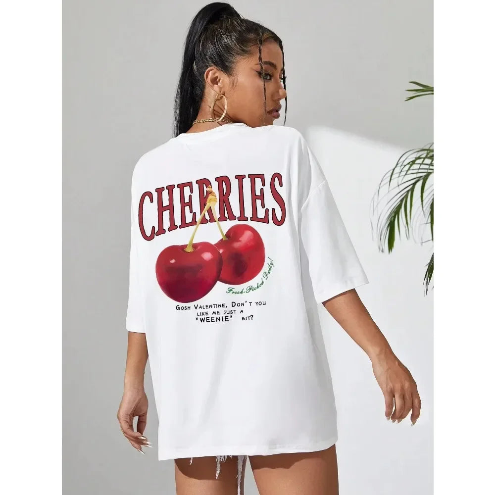 Cherry Print Loose Cotton Tshirt