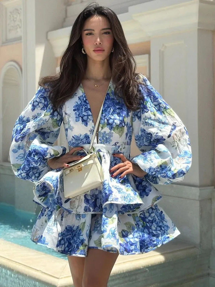 Print Ruffle Long Sleeve ALine Mini Dress
