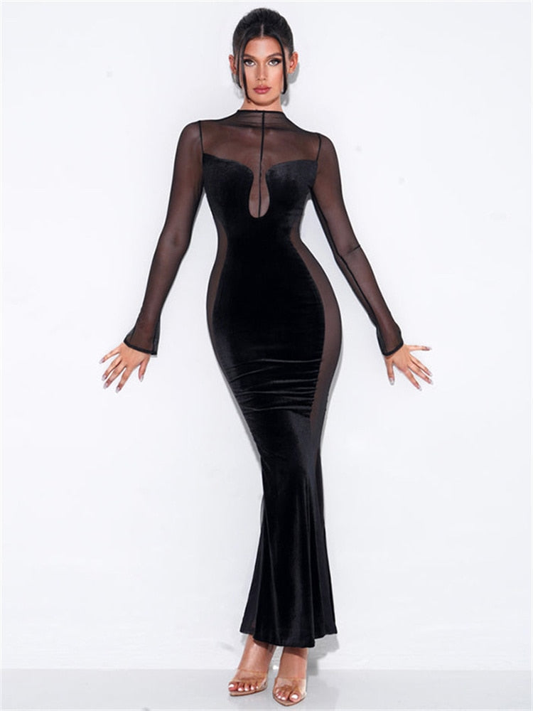 O Elegant Arm Dresses Fashion Full-Length Through Fall Party Gown Club Neck for Outfits Sexy - Long Mesh Patchwork See Women