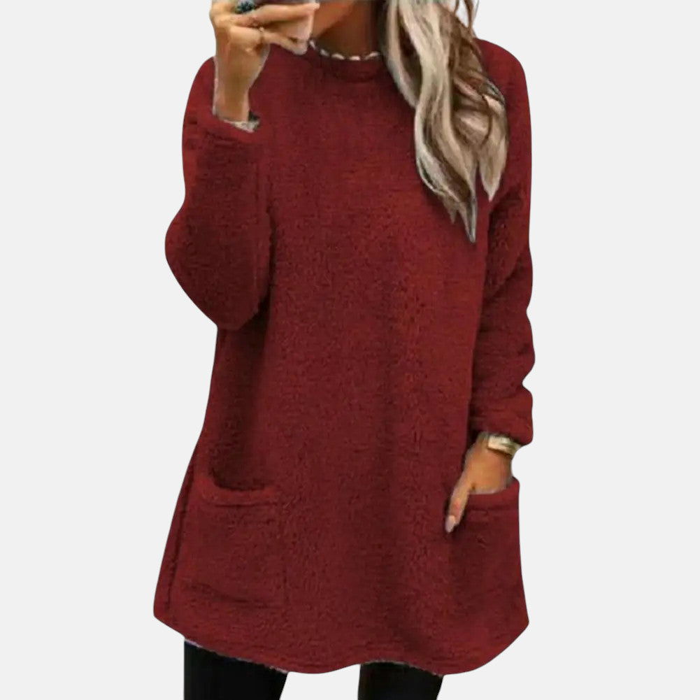 Round Neck Fuzzy Fleece Long Sleeve Pocket Tunic Sweater